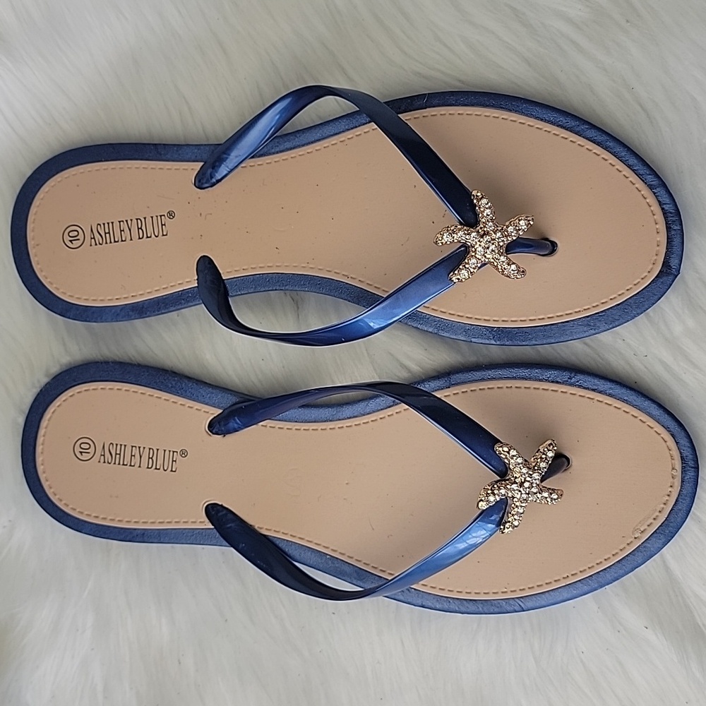 ASHLEY BLUE Blue Tan Gold Rhinestone Starfish Summer Beachy Rubber Thong Sandal - Picture 3 of 13